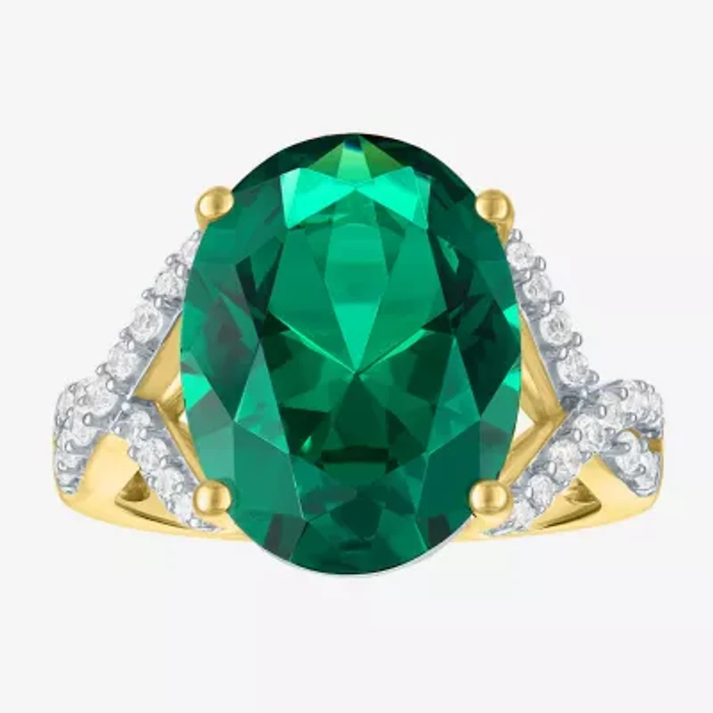 Womens Simulated Green Emerald 14K Gold Over Silver Oval Side Stone Cocktail Ring