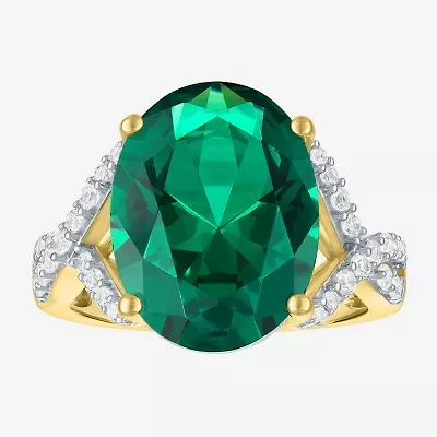Womens Simulated Green Emerald 14K Gold Over Silver Oval Side Stone Cocktail Ring
