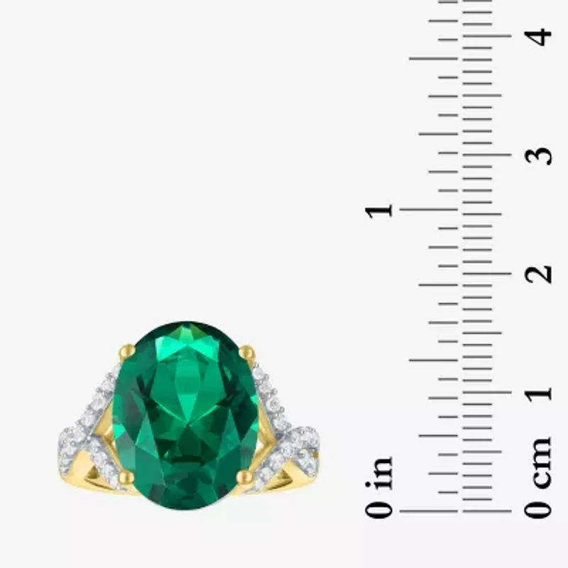 Womens Simulated Green Emerald 14K Gold Over Silver Oval Side Stone Cocktail Ring
