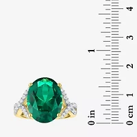 Womens Simulated Green Emerald 14K Gold Over Silver Oval Side Stone Cocktail Ring