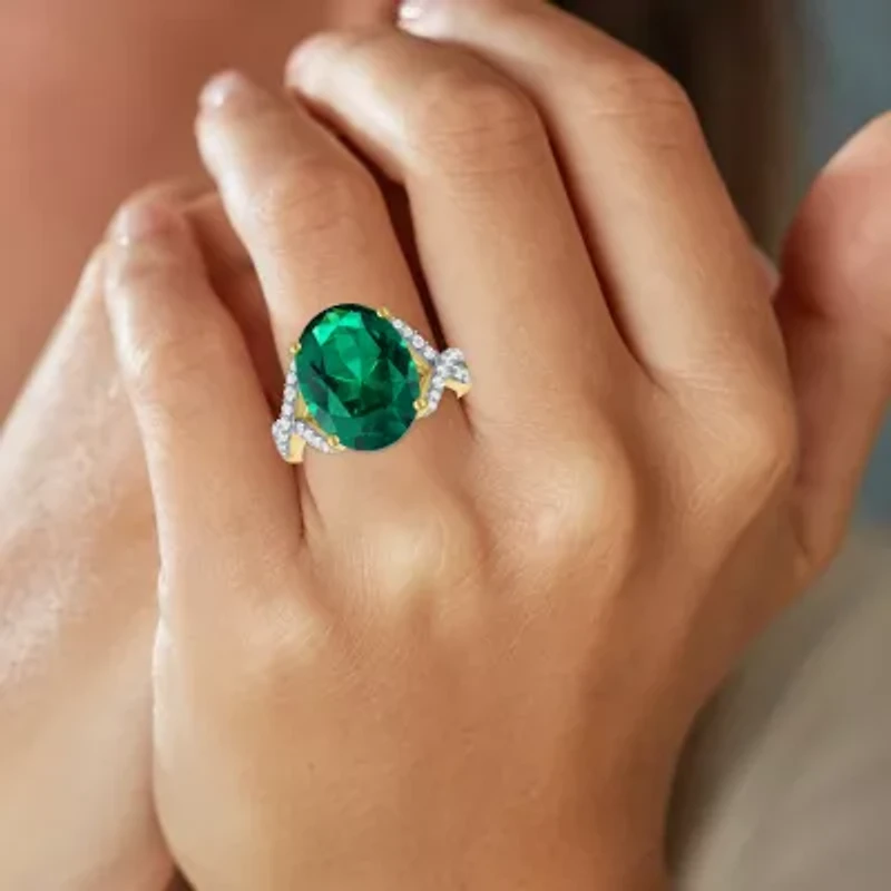 Womens Simulated Green Emerald 14K Gold Over Silver Oval Side Stone Cocktail Ring