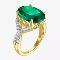 Womens Simulated Green Emerald 14K Gold Over Silver Oval Side Stone Cocktail Ring