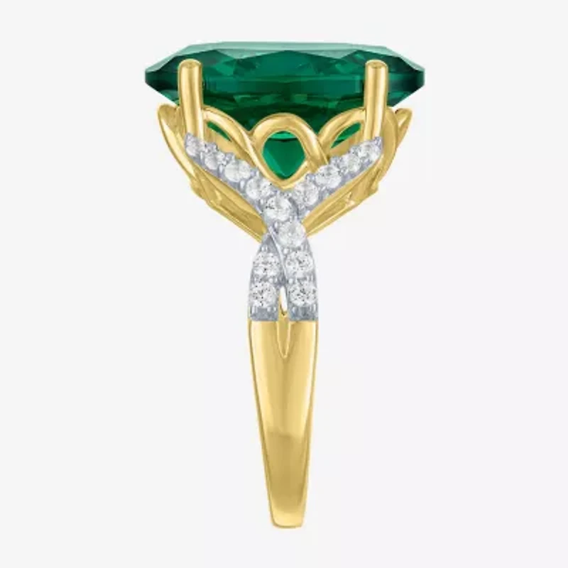 Womens Simulated Green Emerald 14K Gold Over Silver Oval Side Stone Cocktail Ring