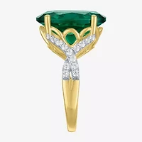 Womens Simulated Green Emerald 14K Gold Over Silver Oval Side Stone Cocktail Ring