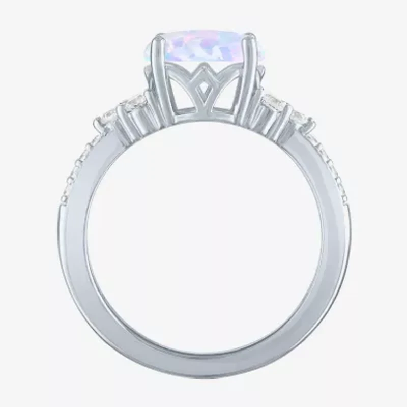 Womens Lab Created White Opal Sterling Silver Oval Side Stone Cocktail Ring