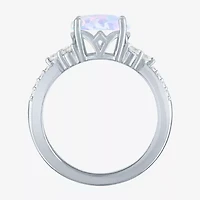 Womens Lab Created White Opal Sterling Silver Oval Side Stone Cocktail Ring