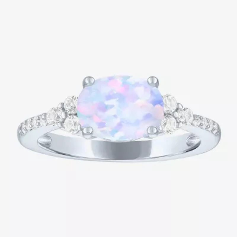 Womens Lab Created White Opal Sterling Silver Oval Side Stone Cocktail Ring