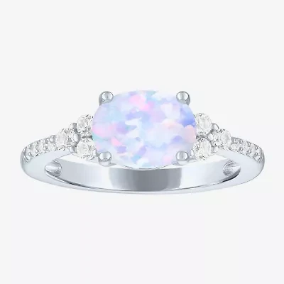 Womens Lab Created White Opal Sterling Silver Oval Side Stone Cocktail Ring