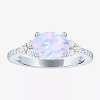 Womens Lab Created White Opal Sterling Silver Oval Side Stone Cocktail Ring