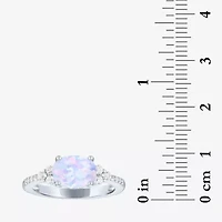 Womens Lab Created White Opal Sterling Silver Oval Side Stone Cocktail Ring