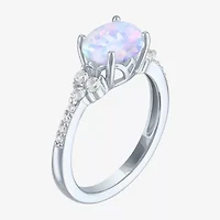 Womens Lab Created White Opal Sterling Silver Oval Side Stone Cocktail Ring