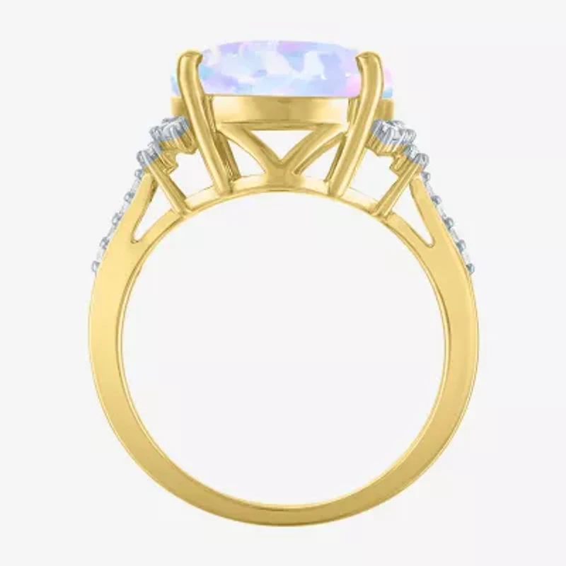 Womens Lab Created White Opal 14K Gold Over Silver Oval Side Stone Cocktail Ring