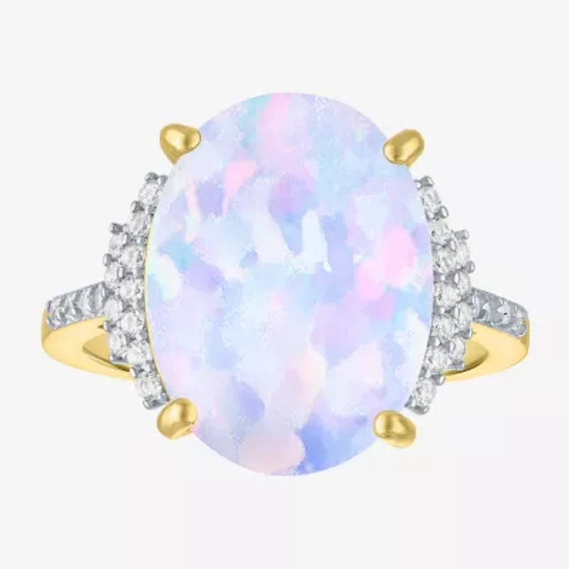 Womens Lab Created White Opal 14K Gold Over Silver Oval Side Stone Cocktail Ring