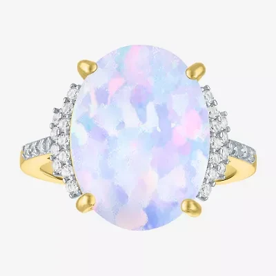 Womens Lab Created White Opal 14K Gold Over Silver Oval Side Stone Cocktail Ring