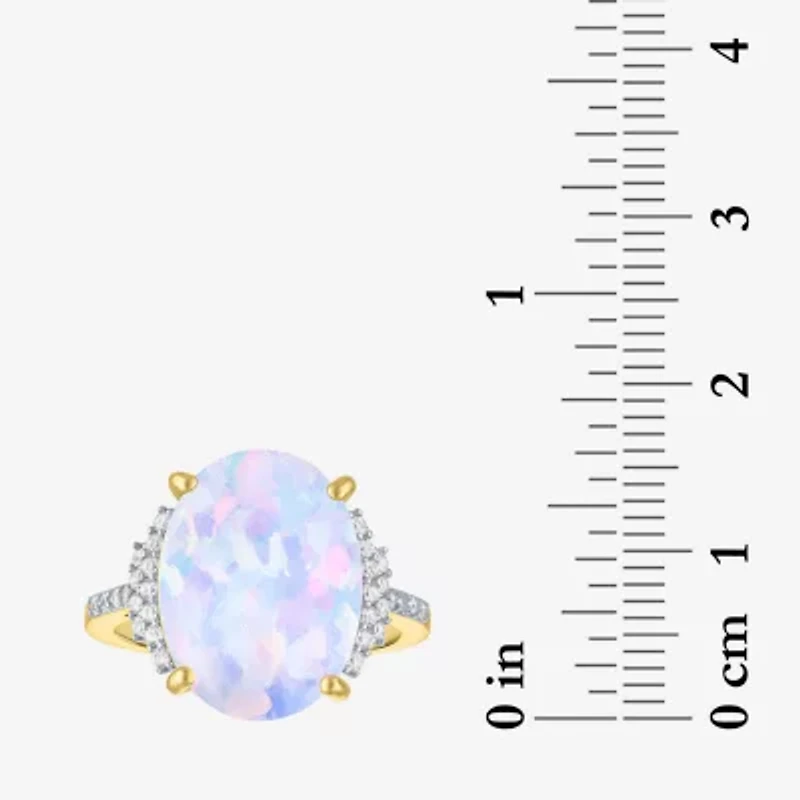 Womens Lab Created White Opal 14K Gold Over Silver Oval Side Stone Cocktail Ring