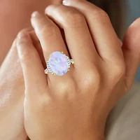 Womens Lab Created White Opal 14K Gold Over Silver Oval Side Stone Cocktail Ring