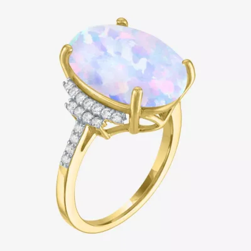 Womens Lab Created White Opal 14K Gold Over Silver Oval Side Stone Cocktail Ring