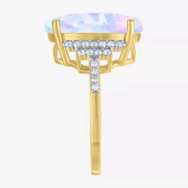 Womens Lab Created White Opal 14K Gold Over Silver Oval Side Stone Cocktail Ring