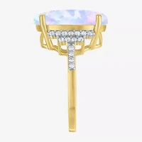 Womens Lab Created White Opal 14K Gold Over Silver Oval Side Stone Cocktail Ring