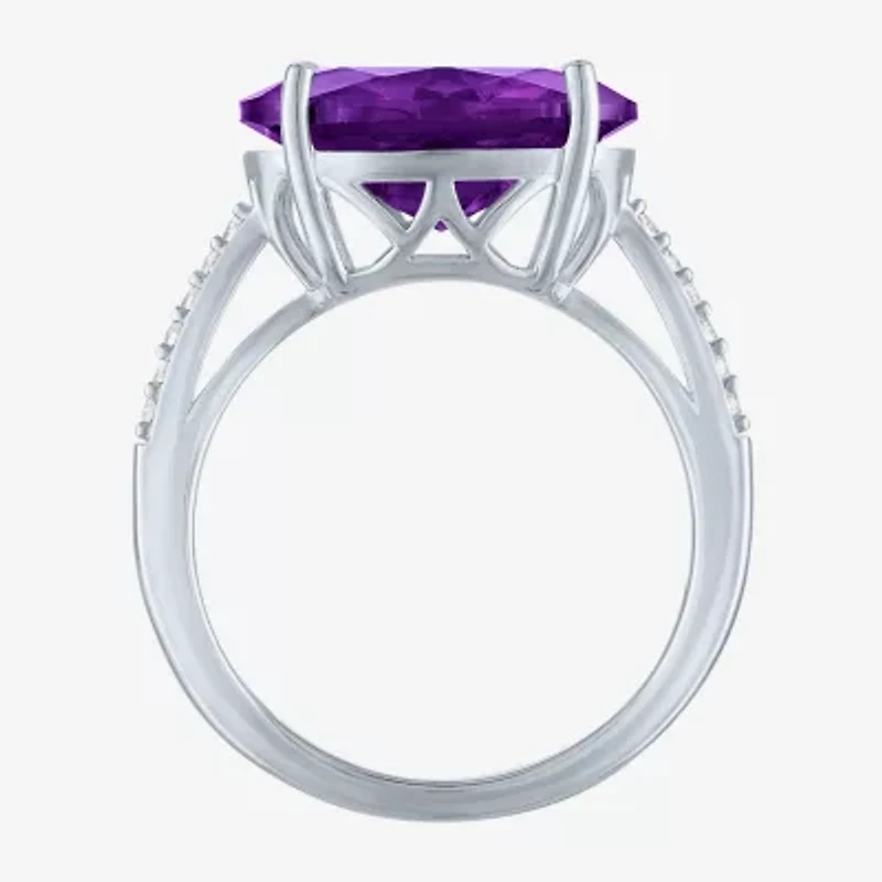 Womens Genuine Purple Amethyst Sterling Silver Oval Side Stone Cocktail Ring