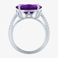 Womens Genuine Purple Amethyst Sterling Silver Oval Side Stone Cocktail Ring