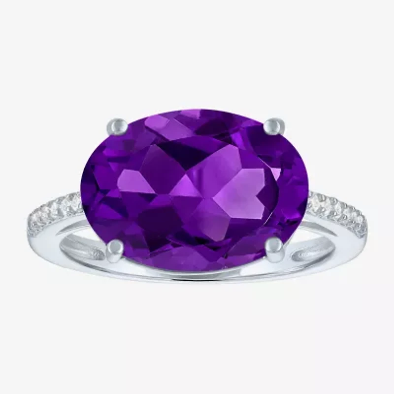 Womens Genuine Purple Amethyst Sterling Silver Oval Side Stone Cocktail Ring