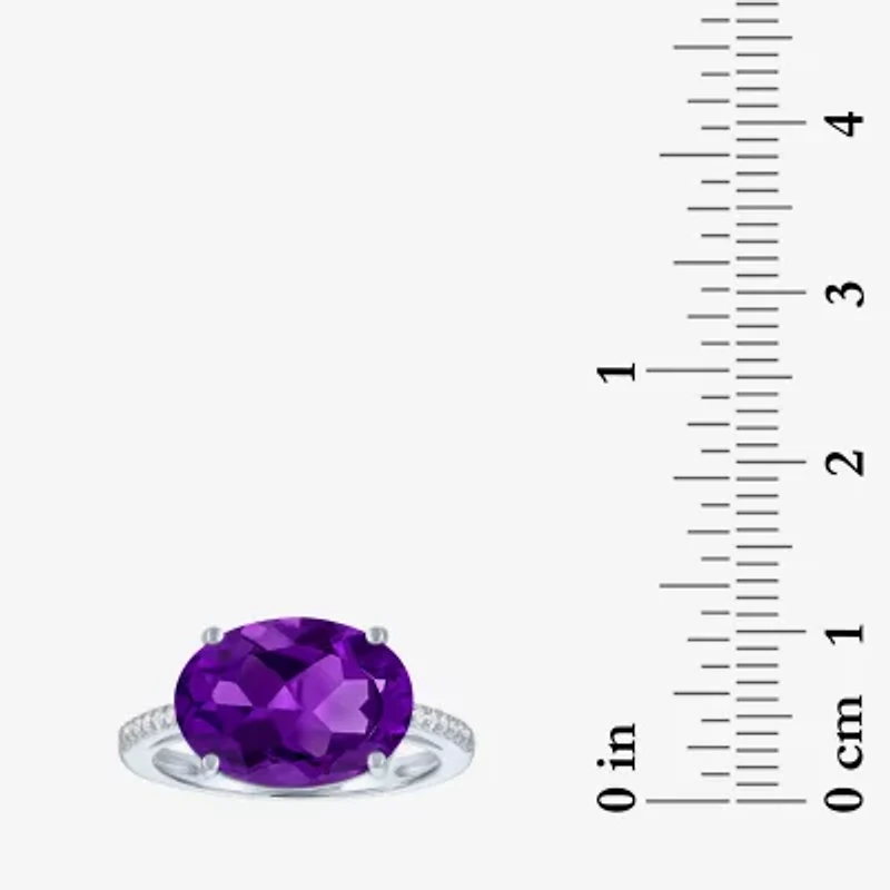 Womens Genuine Purple Amethyst Sterling Silver Oval Side Stone Cocktail Ring