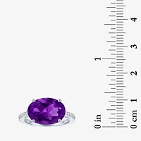 Womens Genuine Purple Amethyst Sterling Silver Oval Side Stone Cocktail Ring