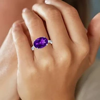 Womens Genuine Purple Amethyst Sterling Silver Oval Side Stone Cocktail Ring