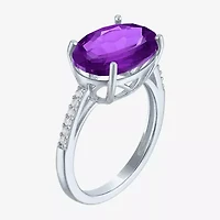 Womens Genuine Purple Amethyst Sterling Silver Oval Side Stone Cocktail Ring