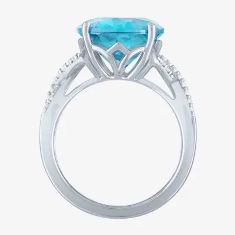 Womens Genuine Blue Topaz Sterling Silver Oval Side Stone Cocktail Ring