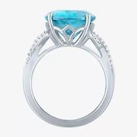 Womens Genuine Blue Topaz Sterling Silver Oval Side Stone Cocktail Ring