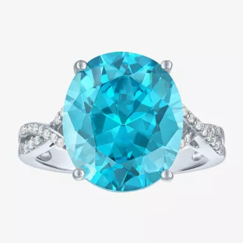 Womens Genuine Blue Topaz Sterling Silver Oval Side Stone Cocktail Ring