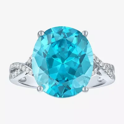 Womens Genuine Blue Topaz Sterling Silver Oval Side Stone Cocktail Ring