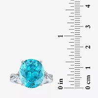 Womens Genuine Blue Topaz Sterling Silver Oval Side Stone Cocktail Ring