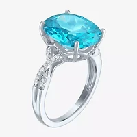 Womens Genuine Blue Topaz Sterling Silver Oval Side Stone Cocktail Ring