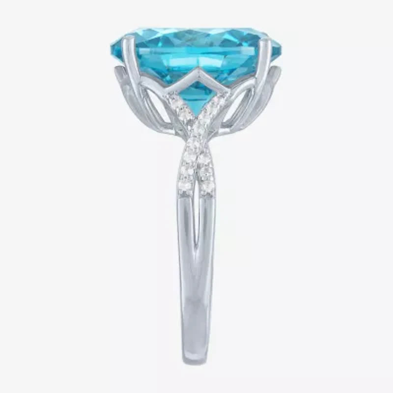 Womens Genuine Blue Topaz Sterling Silver Oval Side Stone Cocktail Ring