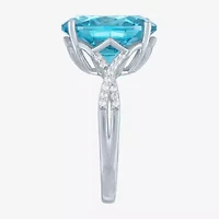 Womens Genuine Blue Topaz Sterling Silver Oval Side Stone Cocktail Ring