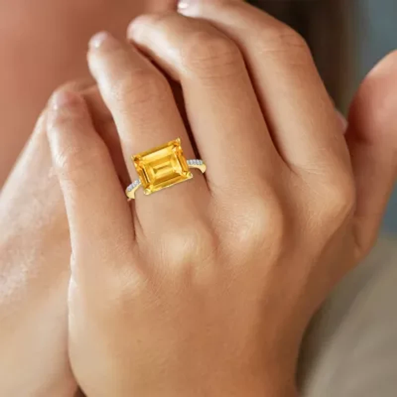 Womens Genuine Yellow Citrine 14K Gold Over Silver Side Stone Cocktail Ring