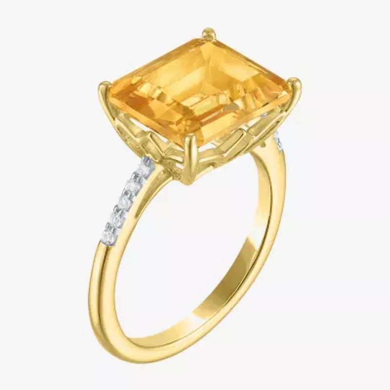 Womens Genuine Yellow Citrine 14K Gold Over Silver Side Stone Cocktail Ring