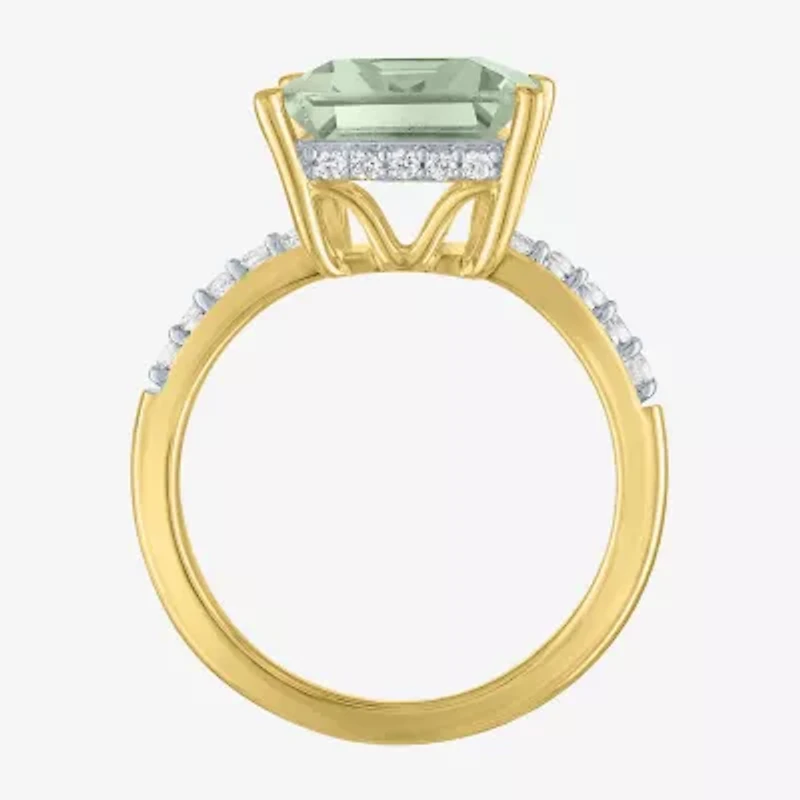 Womens Genuine Green Amethyst 14K Gold Over Silver Side Stone Cocktail Ring