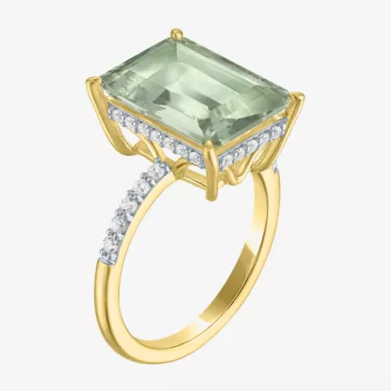 Womens Genuine Green Amethyst 14K Gold Over Silver Side Stone Cocktail Ring