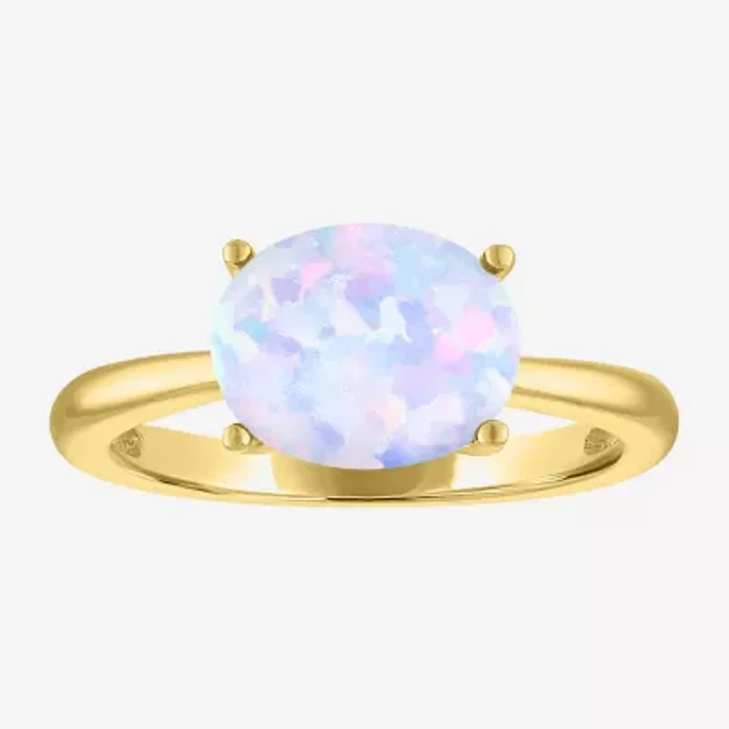 Womens Lab Created Multi Color Opal 14K Gold Over Silver Oval Solitaire Cocktail Ring