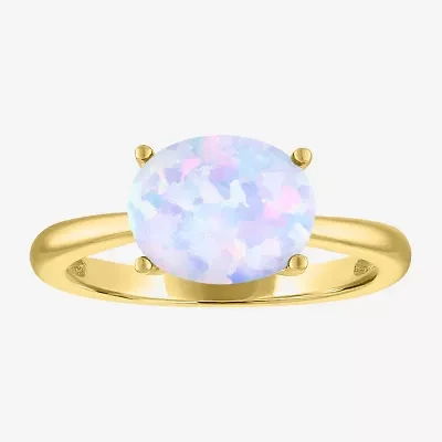 Womens Lab Created Multi Color Opal 14K Gold Over Silver Oval Solitaire Cocktail Ring