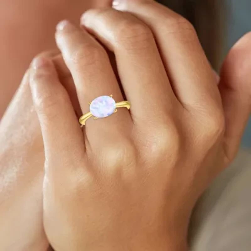 Womens Lab Created Multi Color Opal 14K Gold Over Silver Oval Solitaire Cocktail Ring
