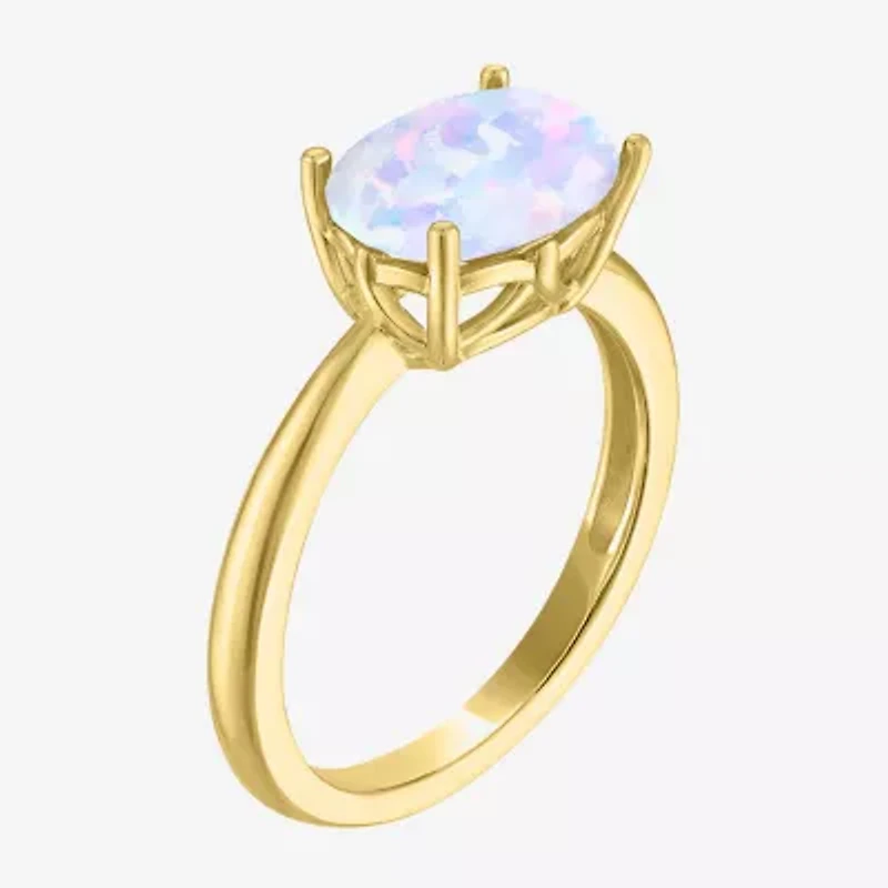 Womens Lab Created Multi Color Opal 14K Gold Over Silver Oval Solitaire Cocktail Ring
