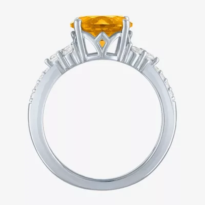 Womens Genuine Yellow Citrine Sterling Silver Oval Side Stone Cocktail Ring