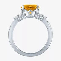 Womens Genuine Yellow Citrine Sterling Silver Oval Side Stone Cocktail Ring