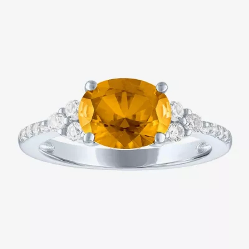 Womens Genuine Yellow Citrine Sterling Silver Oval Side Stone Cocktail Ring