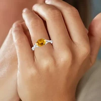 Womens Genuine Yellow Citrine Sterling Silver Oval Side Stone Cocktail Ring